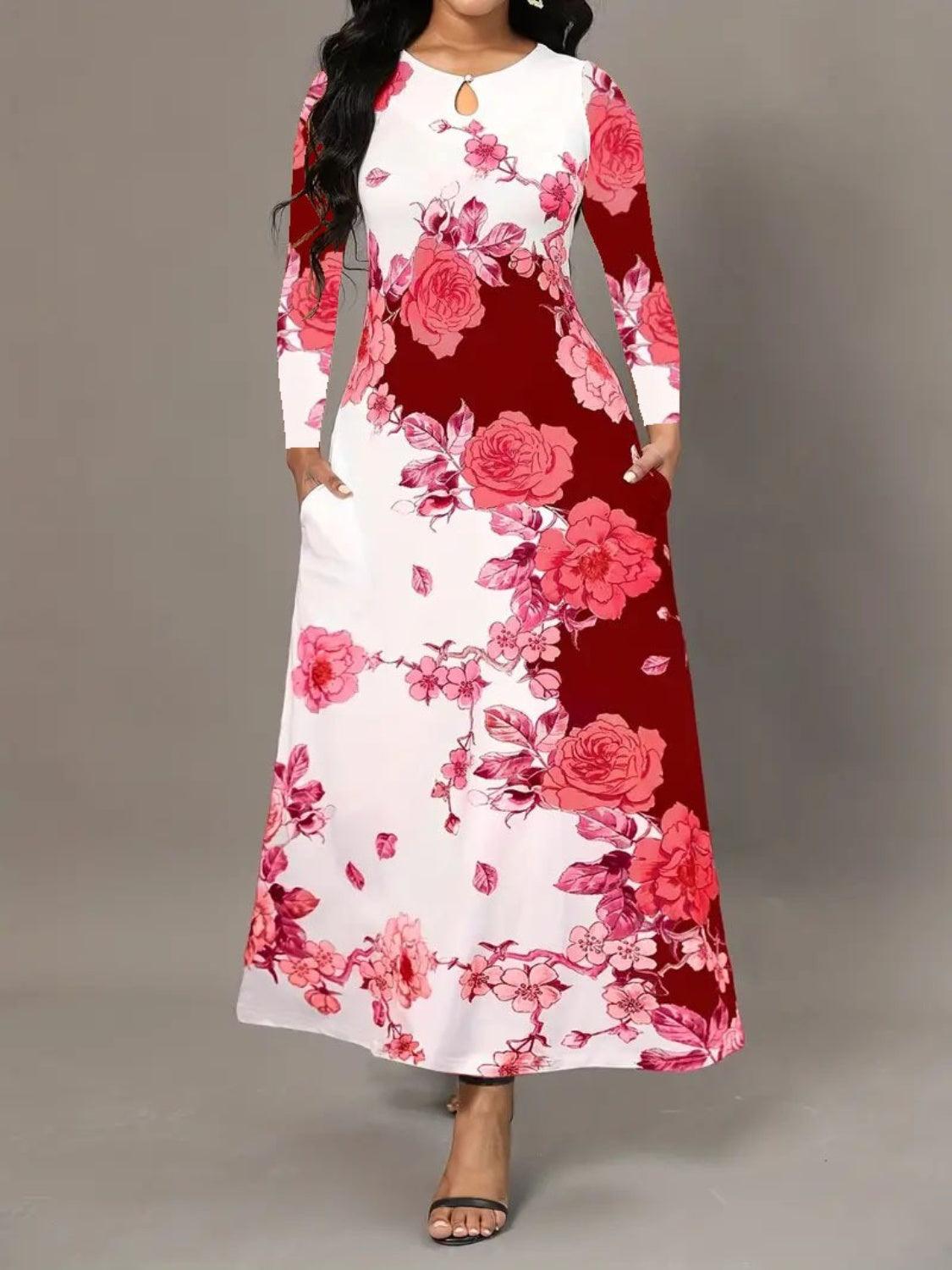 Pocketed Printed Long Sleeve Dress Carauana Store