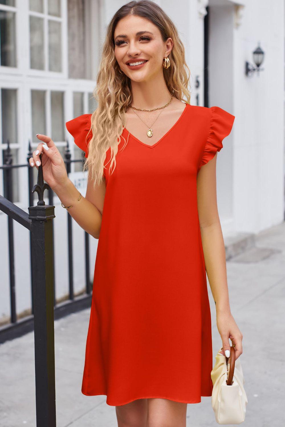 Ruffled V-Neck Flutter Sleeve Dress Carauana Store