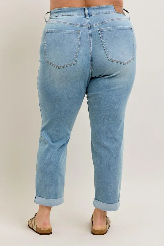 Judy Blue Full Size V-Front Cuff Boyfriend Jeans Plus Size