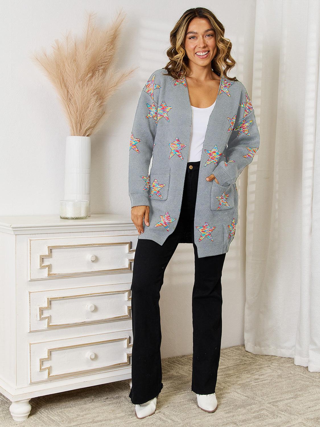 Angel Wings Star Pattern Open Front Cardigan with Pockets Carauana Store