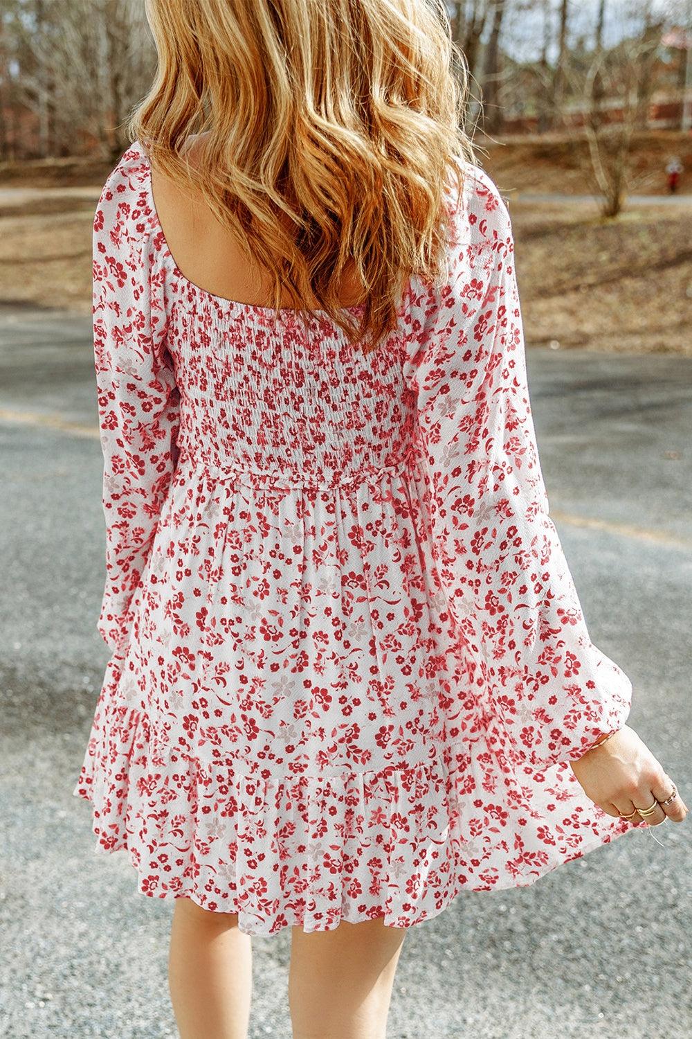 Smocked Floral Square Neck Balloon Sleeve Dress Carauana Store