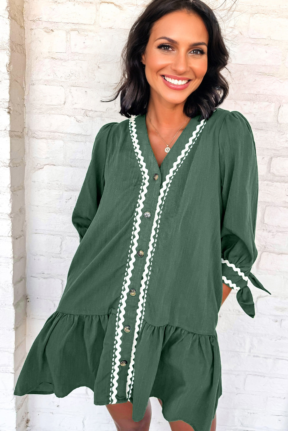 Canton Contrast Ricrac Trim Button V Neck Knotted Bracelet Sleeve Shift Dress