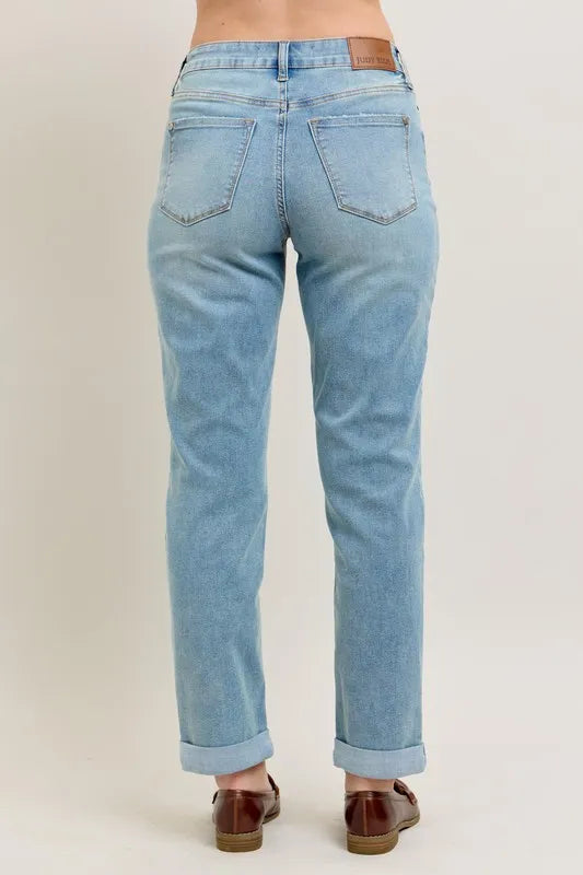Judy Blue Full Size V-Front Cuff Boyfriend Jeans Plus Size