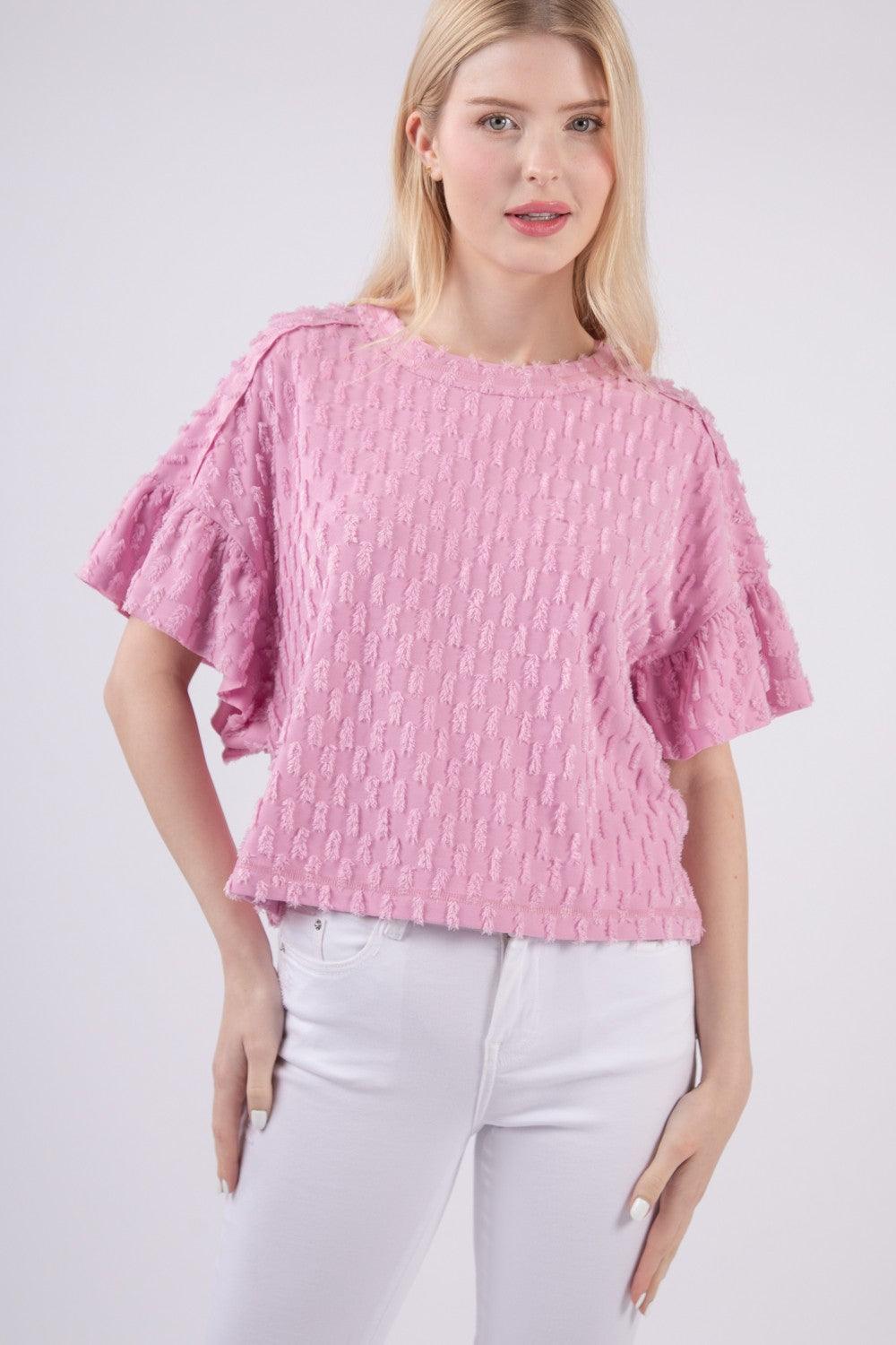 VERY J Full Size Texture Ruffle Short Sleeve Top Carauana Store
