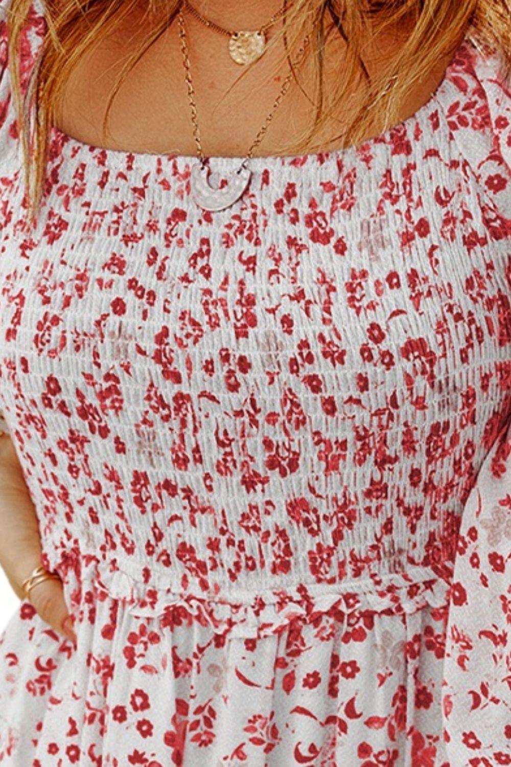 Smocked Floral Square Neck Balloon Sleeve Dress Carauana Store