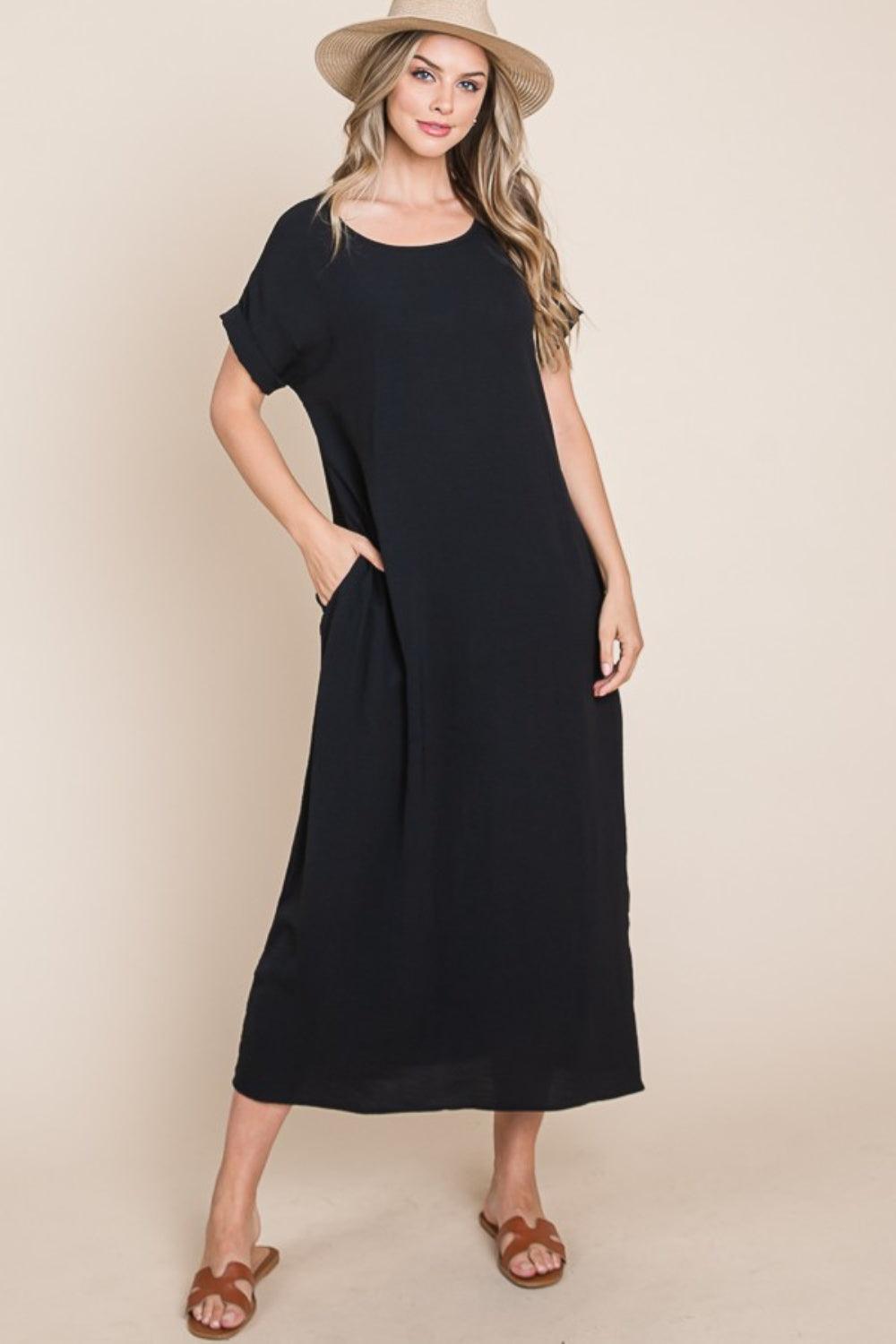 BOMBOM Round Neck Short Sleeve Midi Dress with Pockets Carauana Store