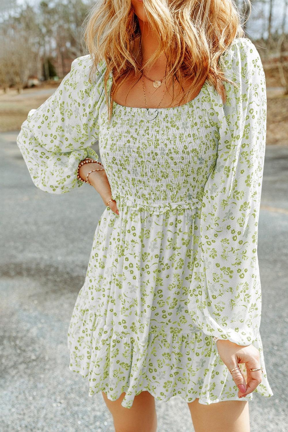 Smocked Floral Square Neck Balloon Sleeve Dress Carauana Store