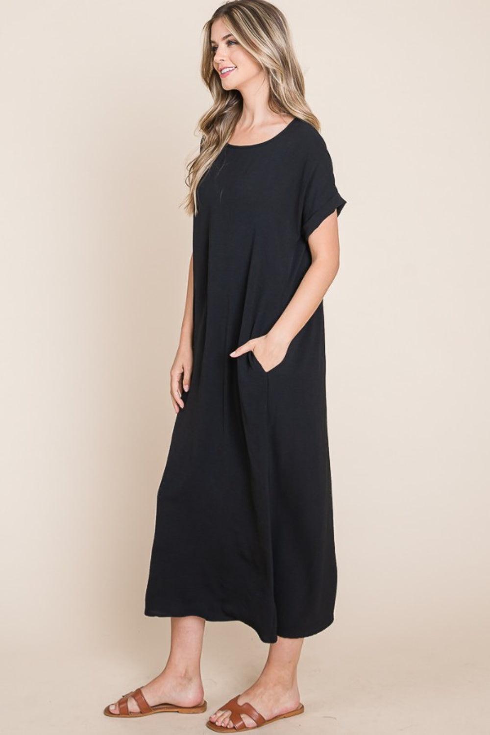 BOMBOM Round Neck Short Sleeve Midi Dress with Pockets Carauana Store