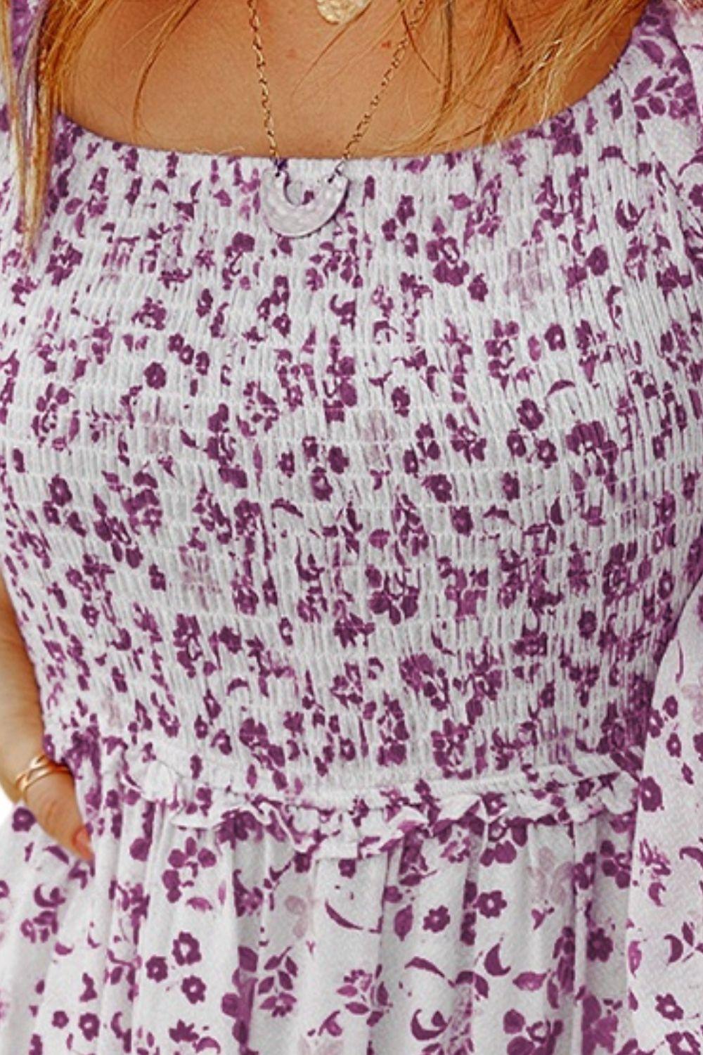 Smocked Floral Square Neck Balloon Sleeve Dress Carauana Store