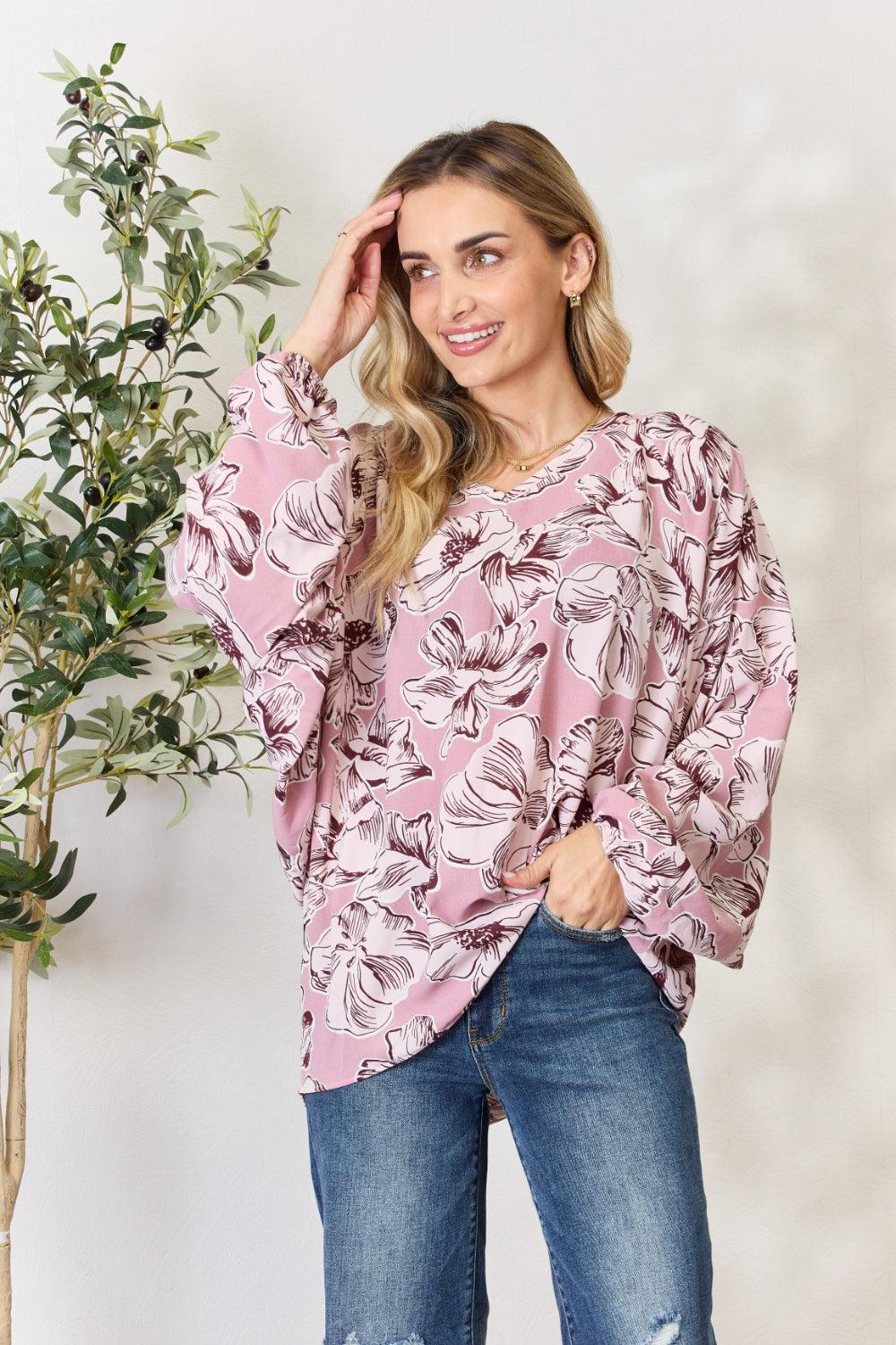 Heimish Full Size Floral V-Neck Balloon Sleeve Blouse Carauana Store