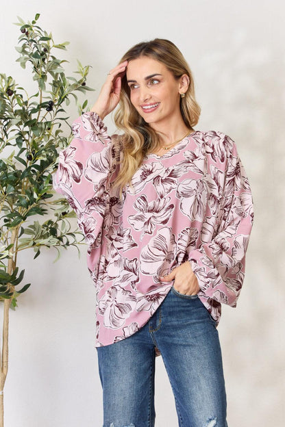 Heimish Full Size Floral V-Neck Balloon Sleeve Blouse Carauana Store