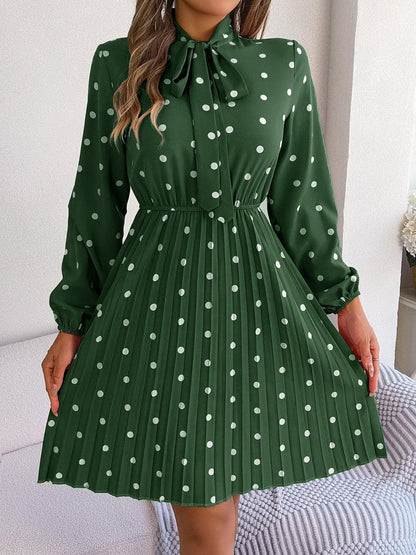 Polka Dot Tie Neck Pleated Dress Carauana Store