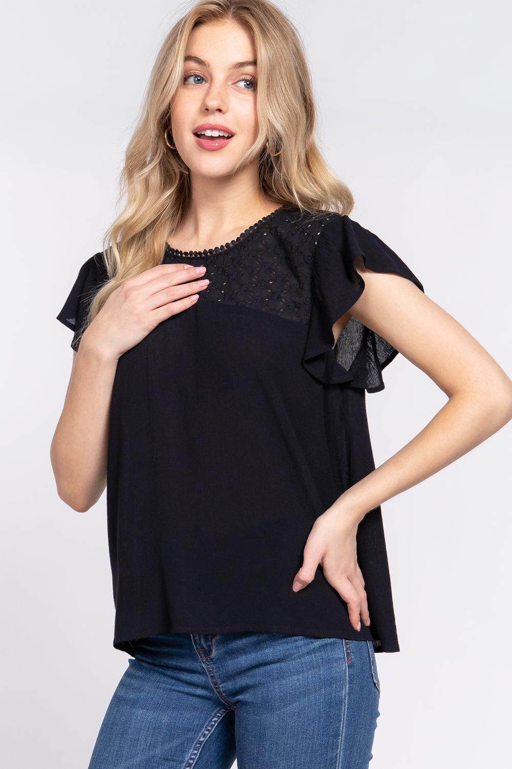 ACTIVE BASIC Ruffle Short Sleeve Crochet Blouse Carauana Store