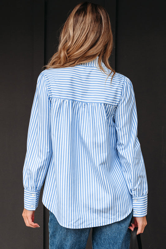 Sky Blue Stripe Shirred Detail Half Placket Collared Long Sleeve Fall Shirt