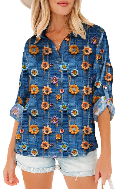 Blue Floral Collared V Neck Roll up Sleeve Shift Blouse