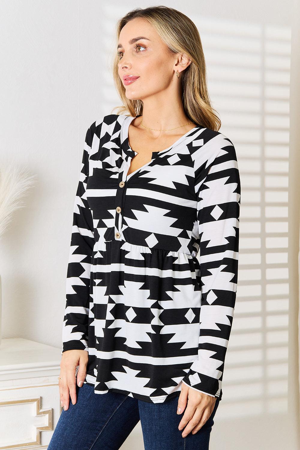 Heimish Full Size Geometric Notched Neck Long Sleeve Top Carauana Store