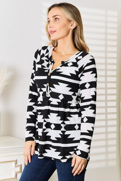Heimish Full Size Geometric Notched Neck Long Sleeve Top Carauana Store