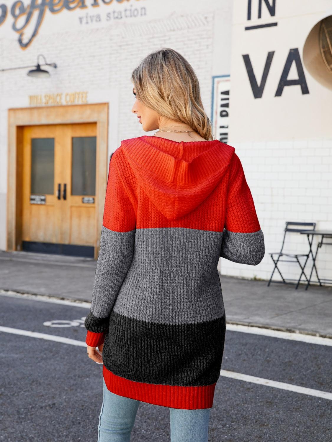 Color Block Open Front Hooded Cardigan Carauana Store