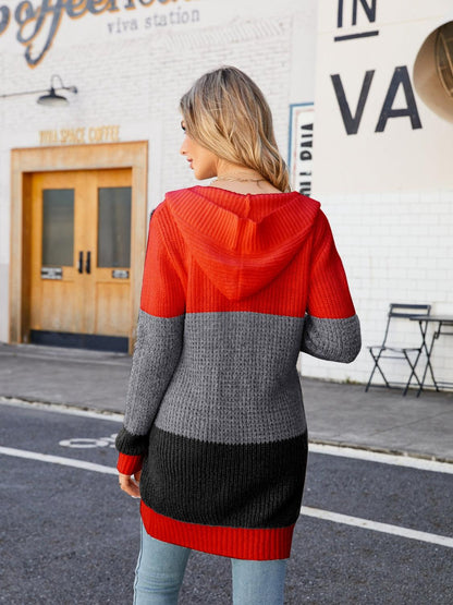 Color Block Open Front Hooded Cardigan Carauana Store