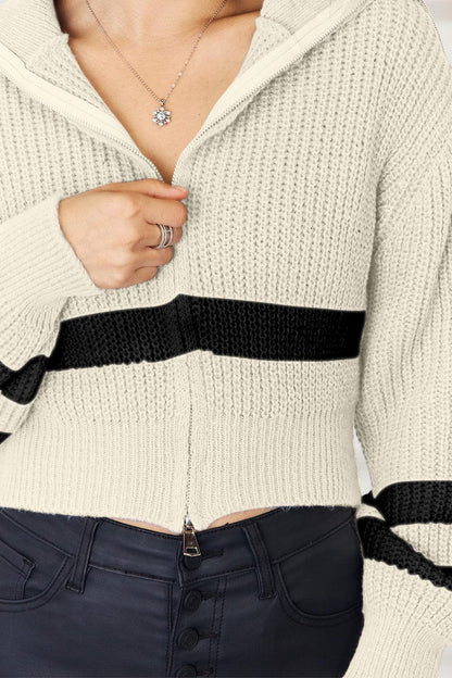 Striped Zip Up Dropped Shoulder Cardigan Carauana Store