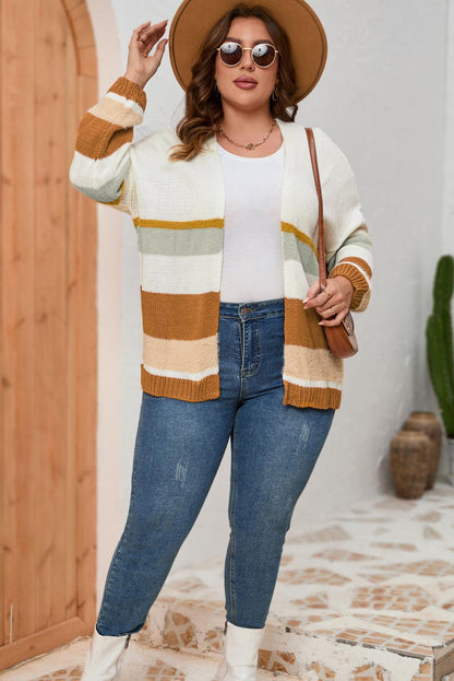Plus Size Color Block Long Sleeve Cardigan Carauana Store