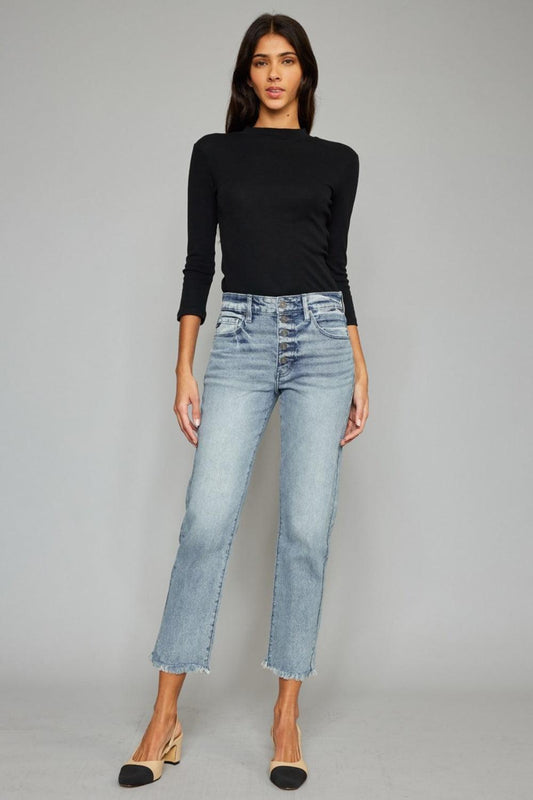 Kancan High Waist Button Fly Raw Hem Cropped Straight Jeans Carauana Store