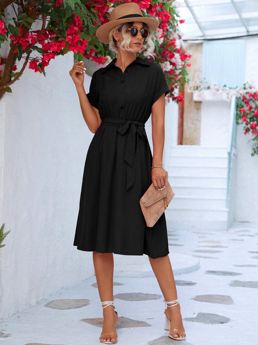 Buttoned Tie Waist Short Sleeve Dress Carauana Store