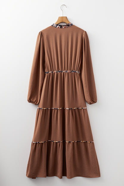 Chestnut Floral Patchwork Detail Notched Neck Long Sleeve Maxi Dress