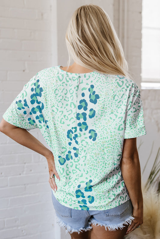 Green Mixed Leopard Print V Neck Short Sleeve Blouse