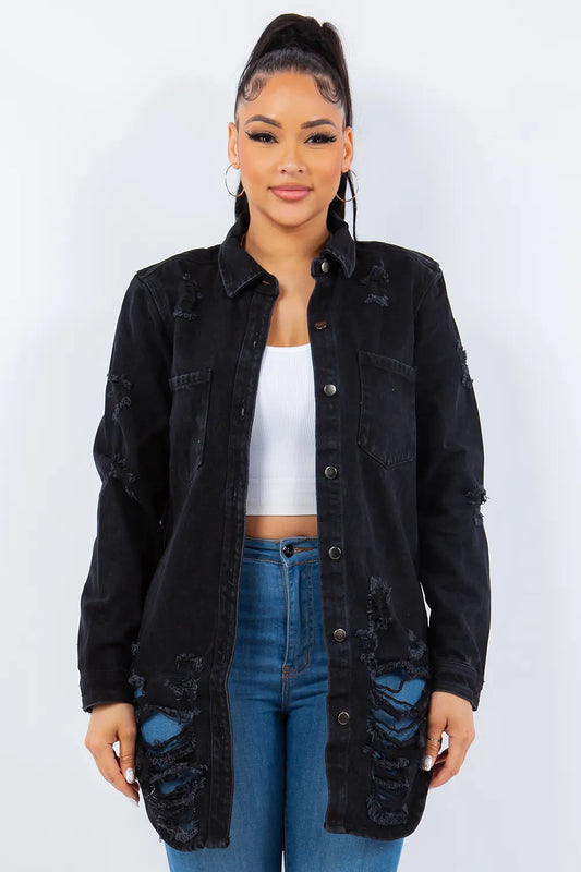 American Bazi Distressed Button Up Long Sleeve Denim Jacket Carauana Store