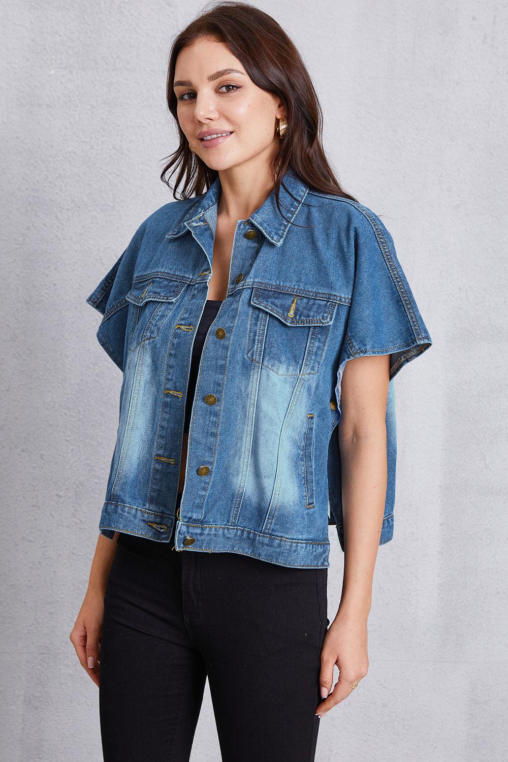 Pocketed Button Up Short Sleeve Denim Top Carauana Store