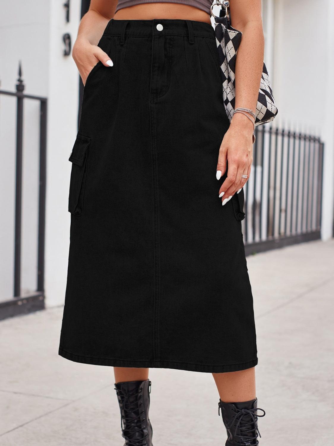 Slit Buttoned Denim Skirt with Pockets Carauana Store