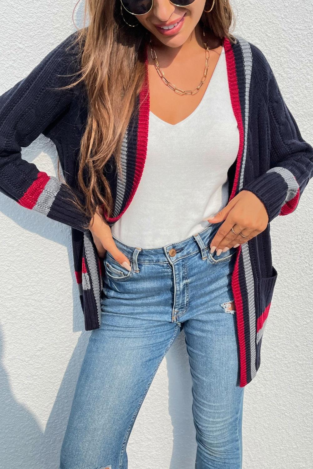 Open Front Striped Long Sleeve Cardigan Carauana Store