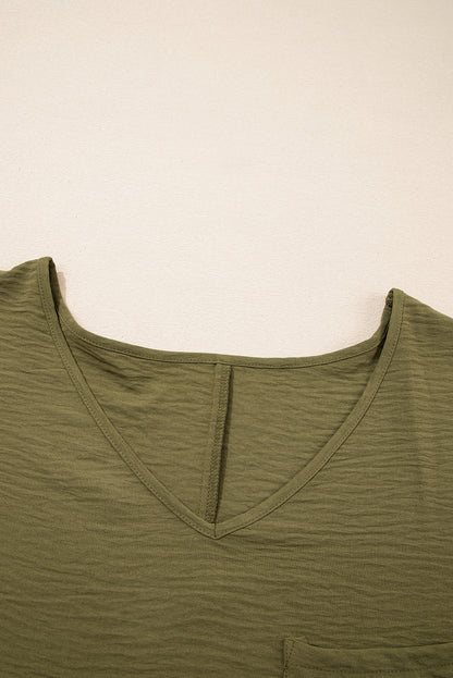 Four Leaf Clover Textured Half Sleeve V Neck Plus Size T Shirt with Chest Pocket