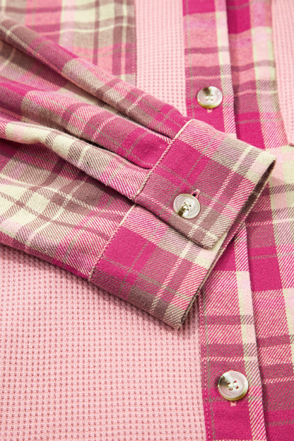 Pink Waffle Patch Pocket Plaid Patchwork Plus Size Shirt