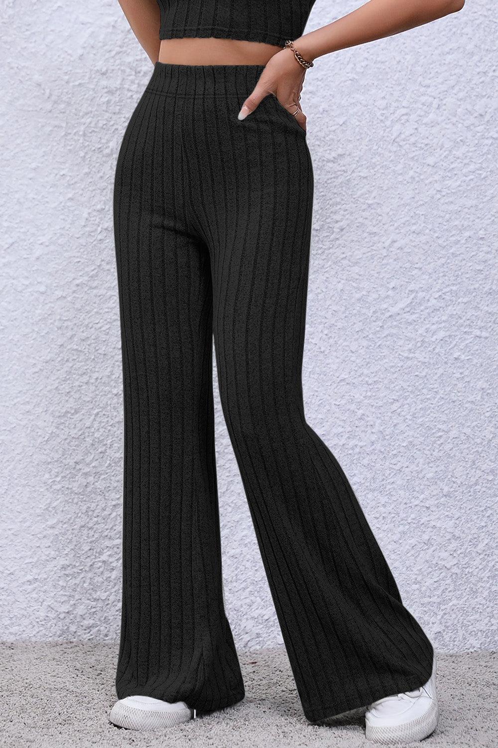 Basic Bae Full Size Ribbed High Waist Flare Pants Carauana Store