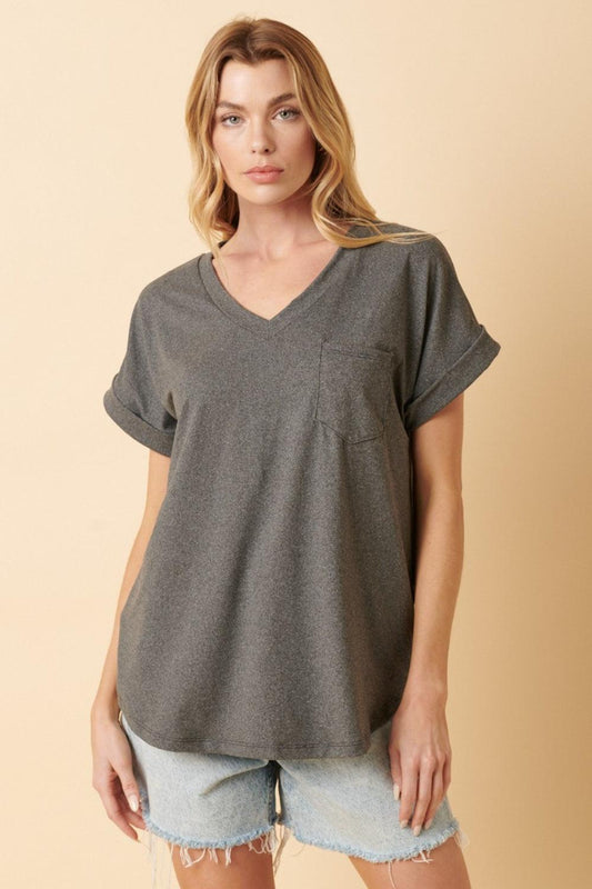 Mittoshop Full Size V-Neck Rolled Short Sleeve T-Shirt Carauana Store