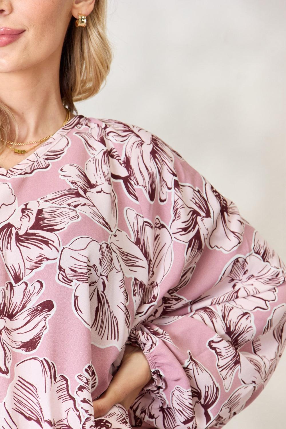Heimish Full Size Floral V-Neck Balloon Sleeve Blouse Carauana Store