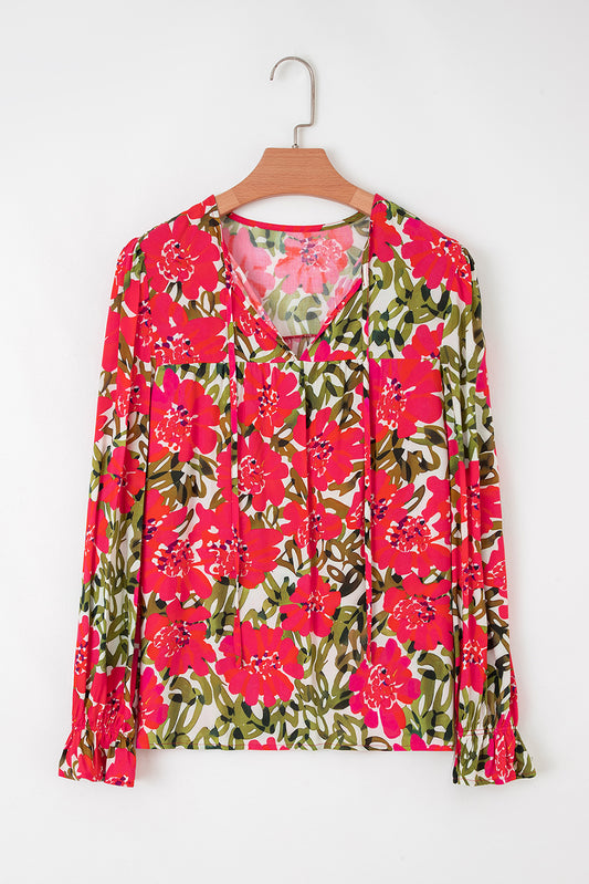 Red Floral Print Lace up V Neck Flounce Sleeve Blouse