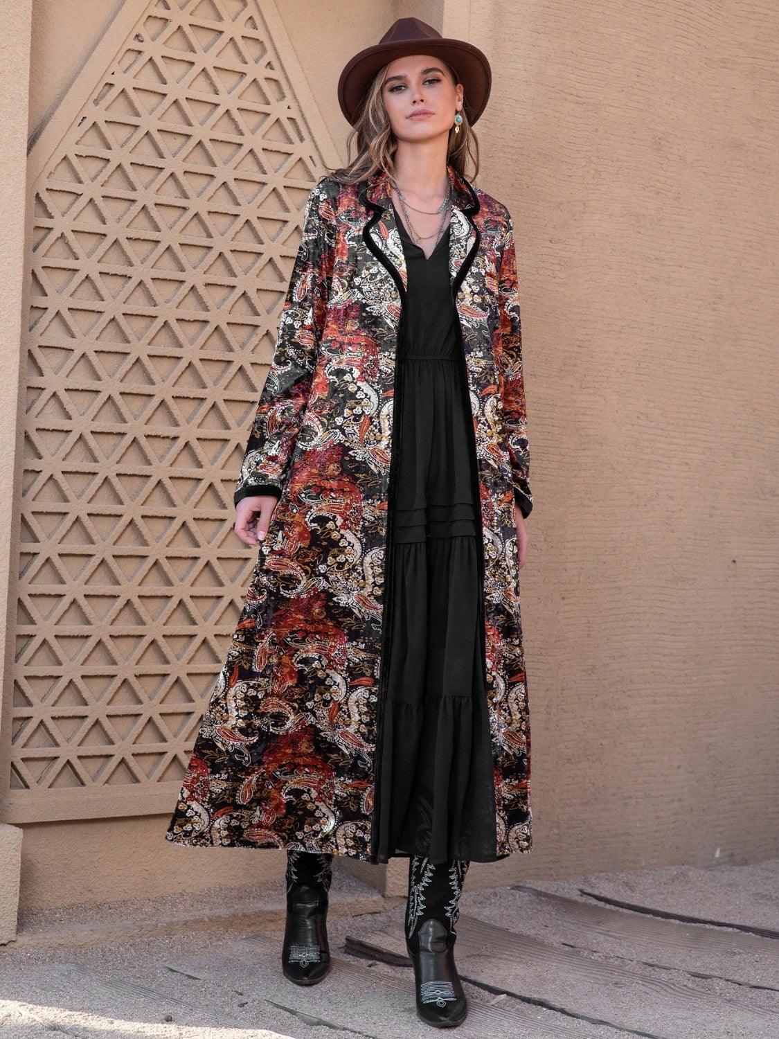 Printed Open Front Long Sleeve Outerwear Carauana Store
