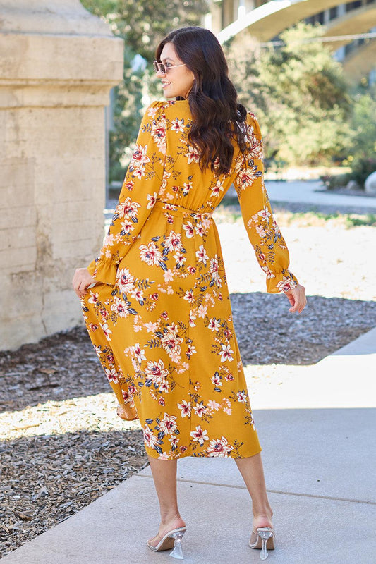 Double Take Full Size Floral Tie Back Flounce Sleeve Dress Carauana Store