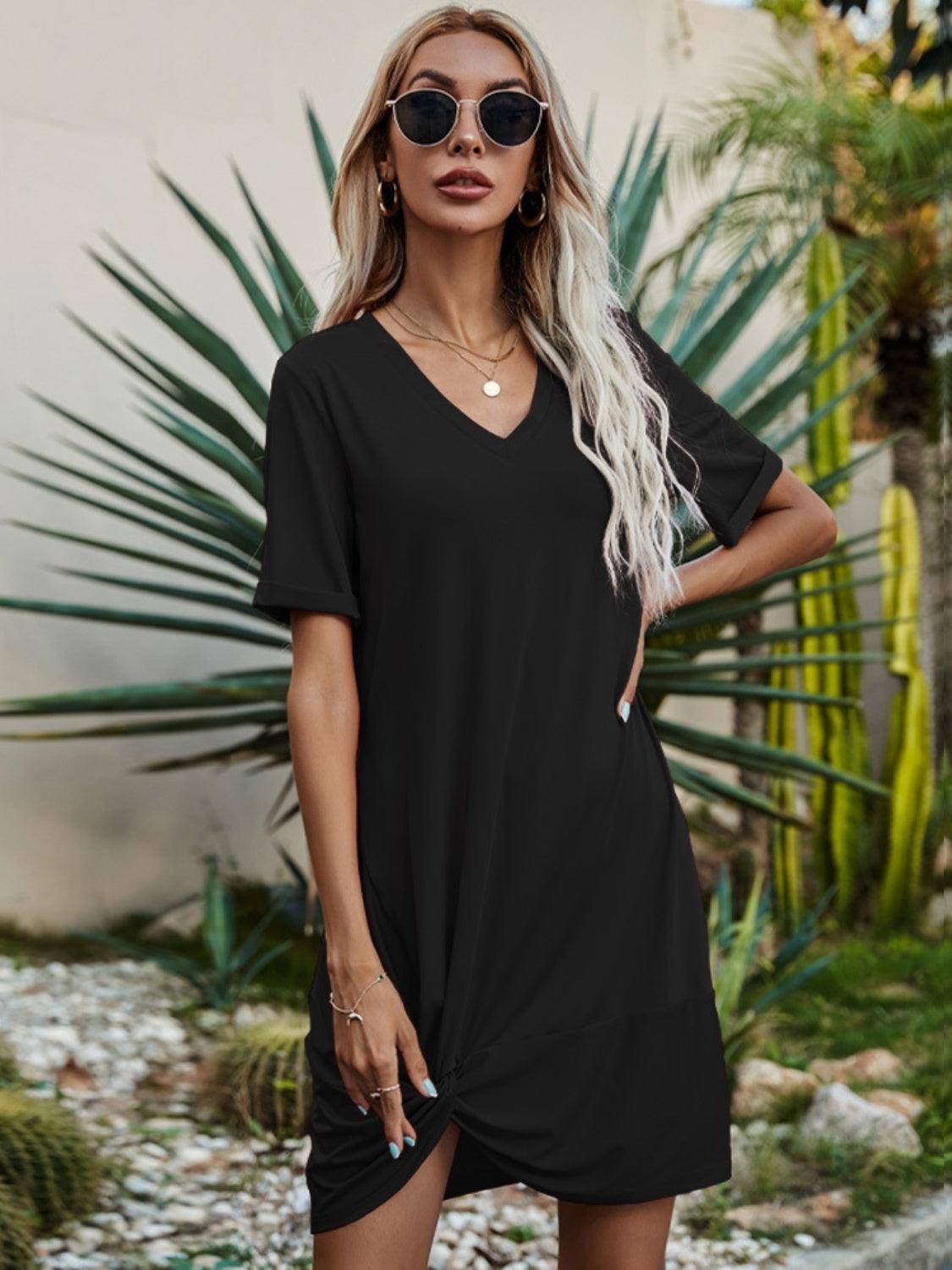 V-Neck Short Sleeve Mini Dress Carauana Store