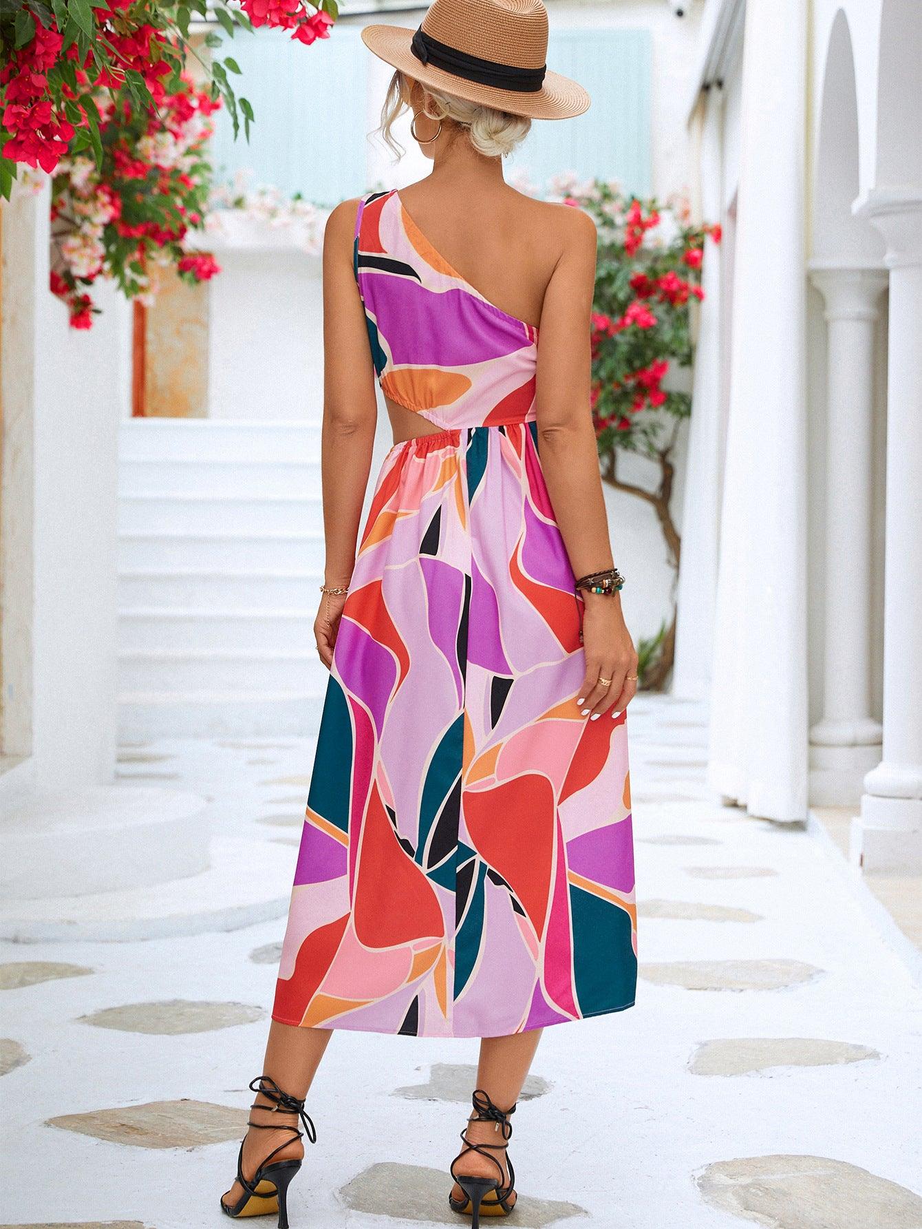 Printed Cutout One-Shoulder Sleeveless Dress Carauana Store