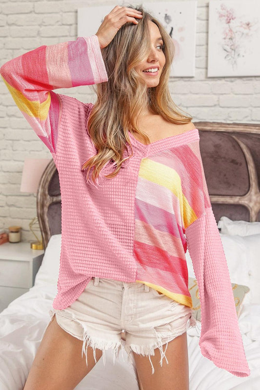 BiBi Striped Contrast Waffle Long Sleeve Top Carauana Store