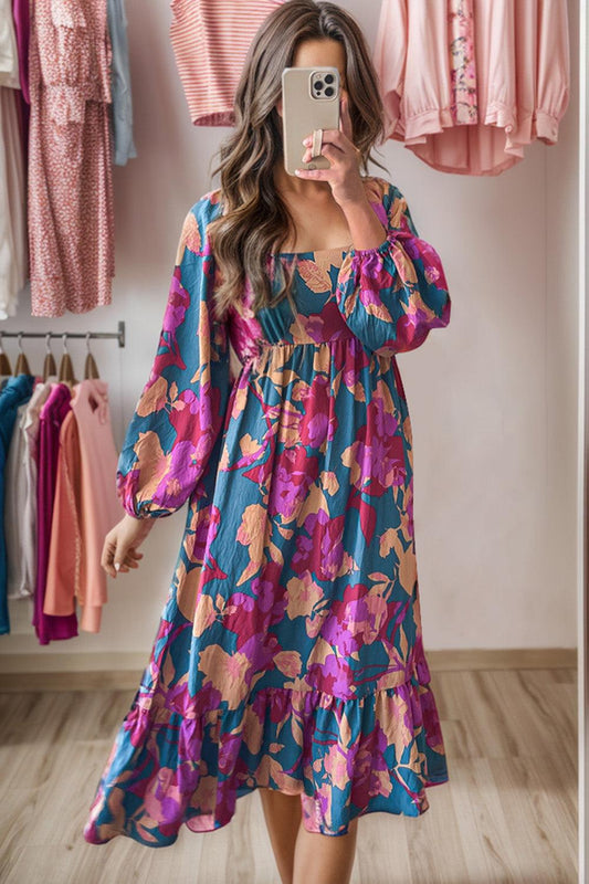 Square Neck Balloon Sleeve Midi Dress Carauana Store