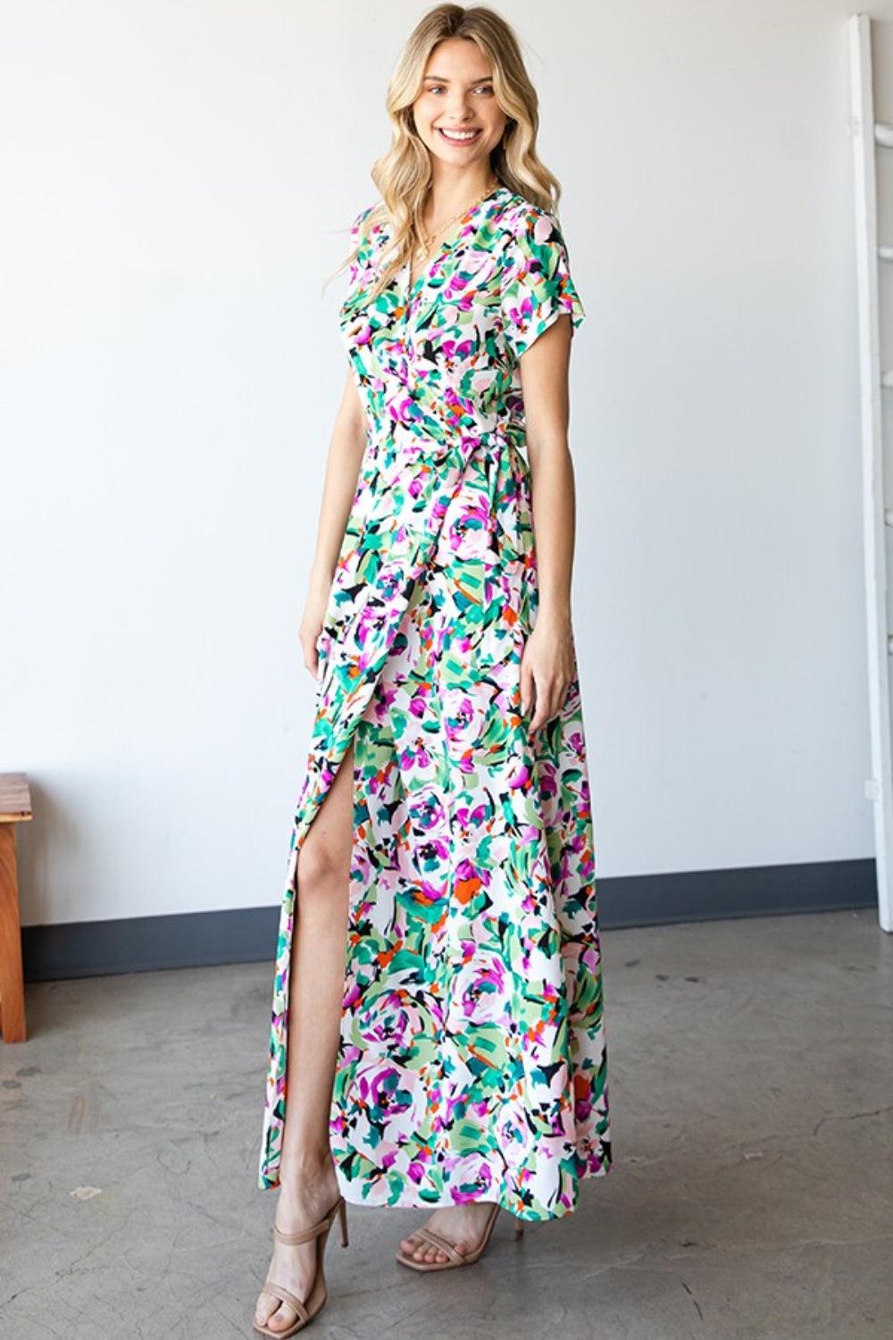 First Love Slit Printed Surplice Tie Waist Short Sleeve Dress Carauana Store