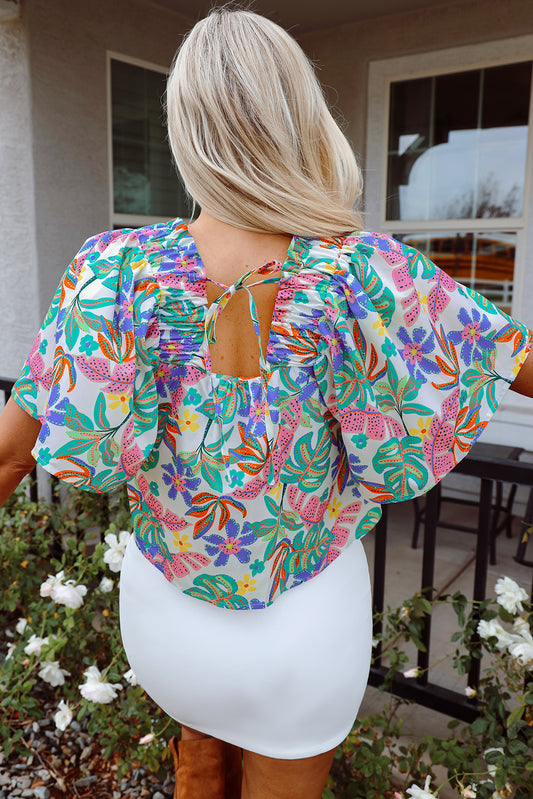 Green Plant Print Loose Fit Puff Sleeve Square Neck Blouse