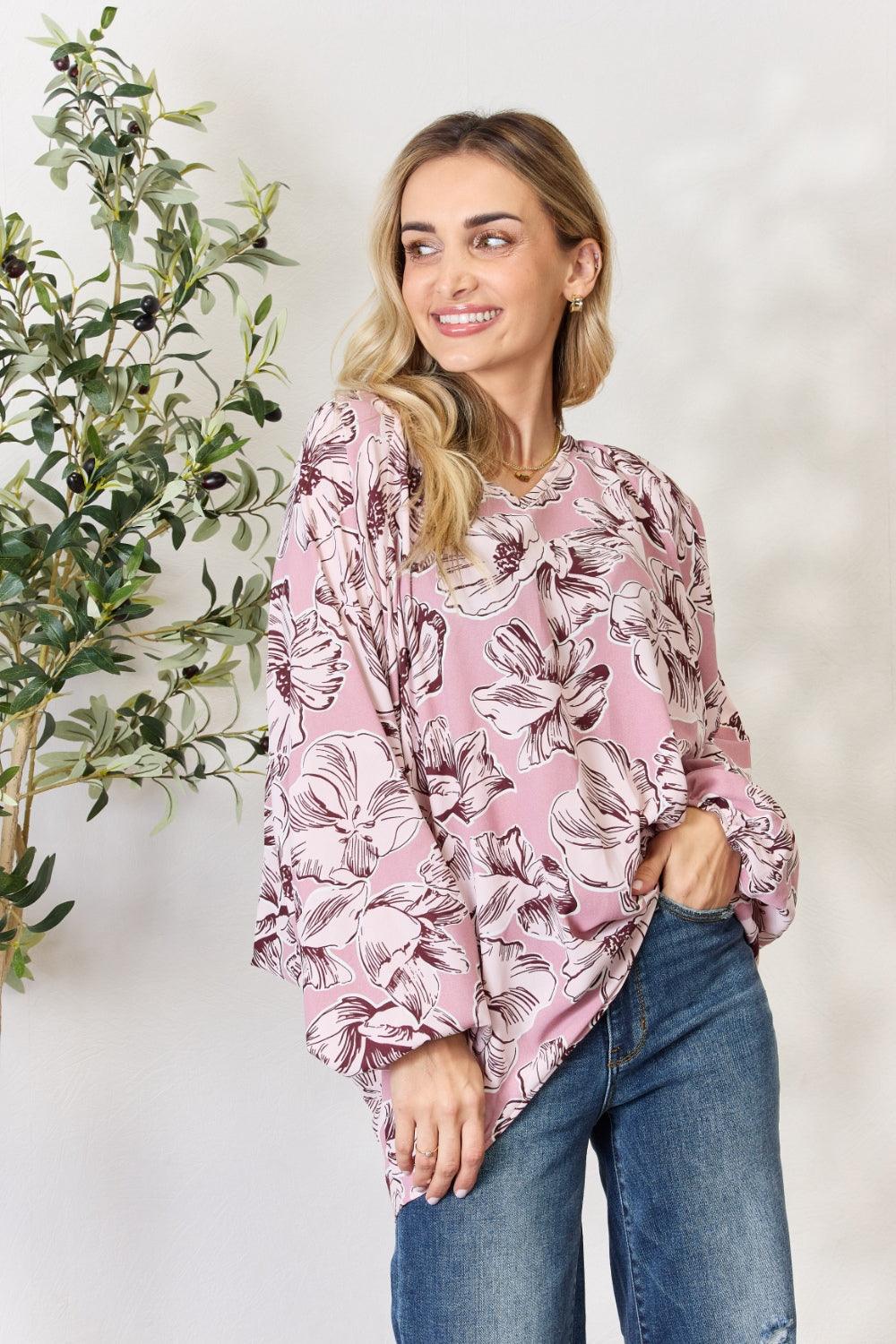 Heimish Full Size Floral V-Neck Balloon Sleeve Blouse Carauana Store