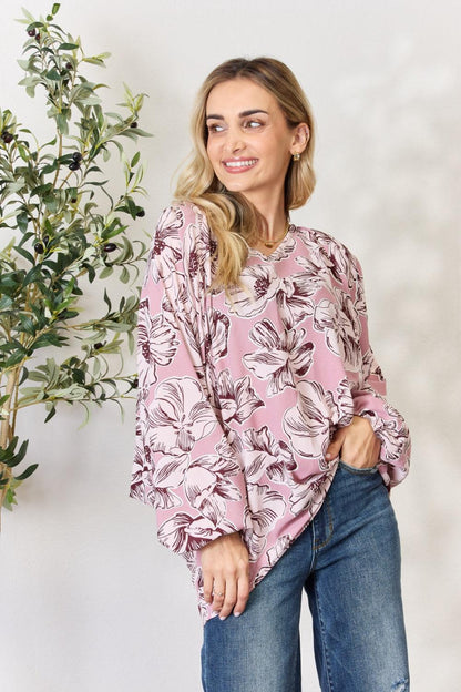 Heimish Full Size Floral V-Neck Balloon Sleeve Blouse Carauana Store