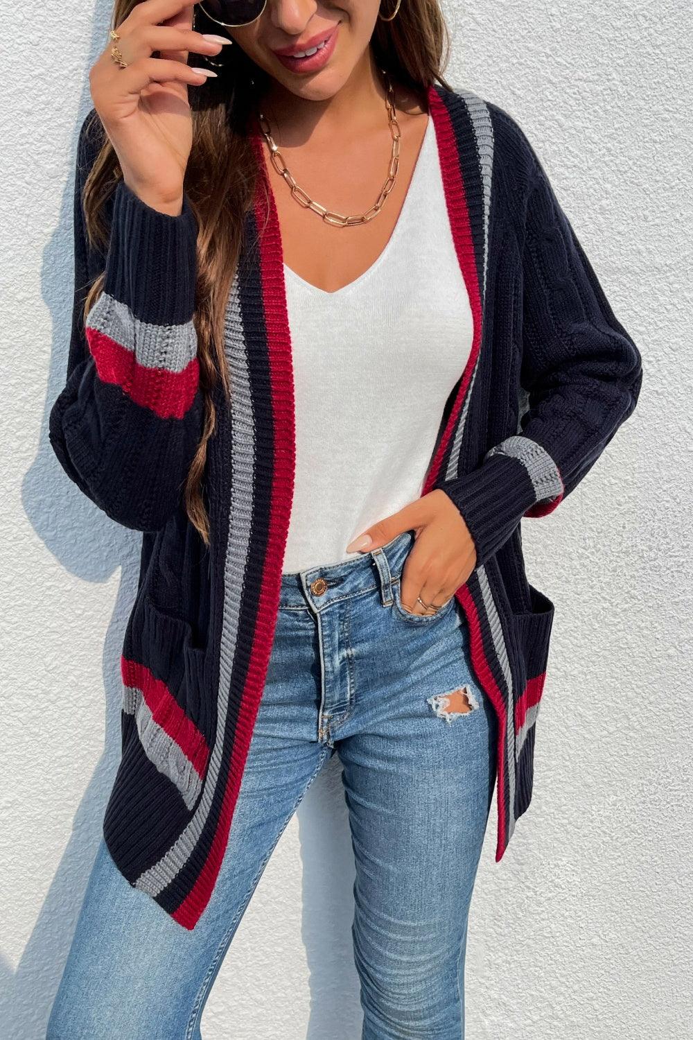 Open Front Striped Long Sleeve Cardigan Carauana Store